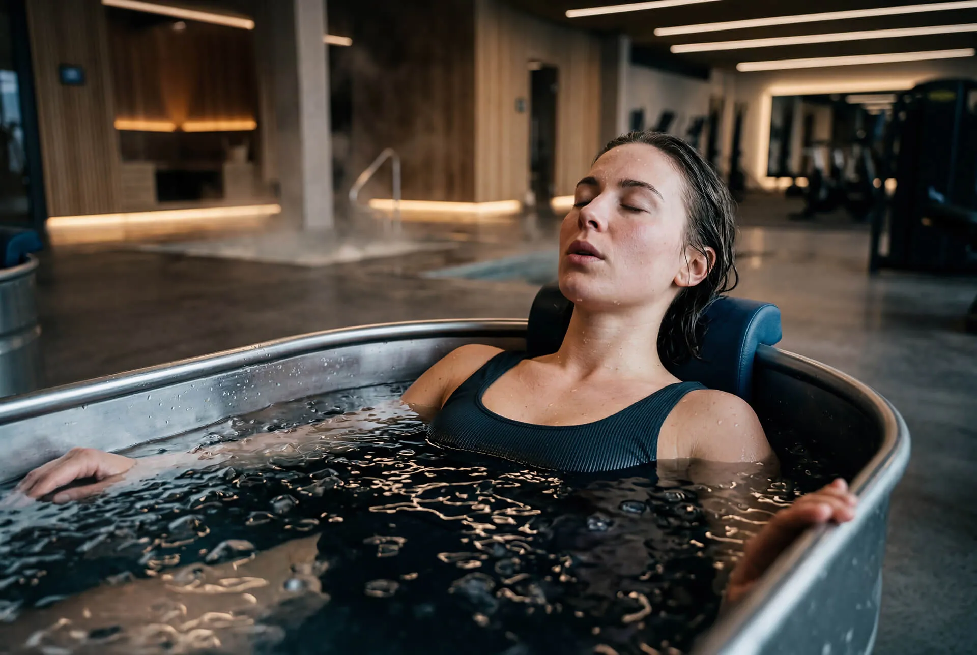 Woman relaxing in a timber ice bath with snow outside