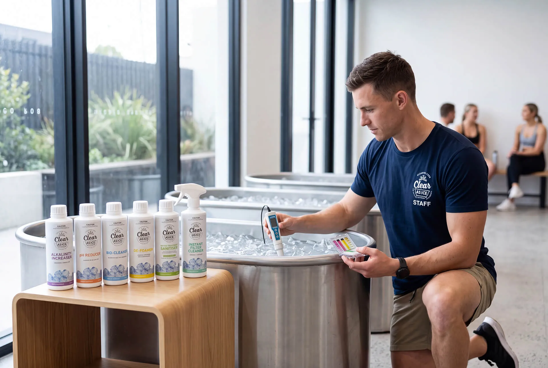 Testing ice bath water with test strips beside Clear As Ice products